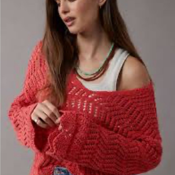American Eagle Outfitters Sweaters - American Eagle Outfitters Burnt Orange/Red Open Knit V-Neck Sweater
